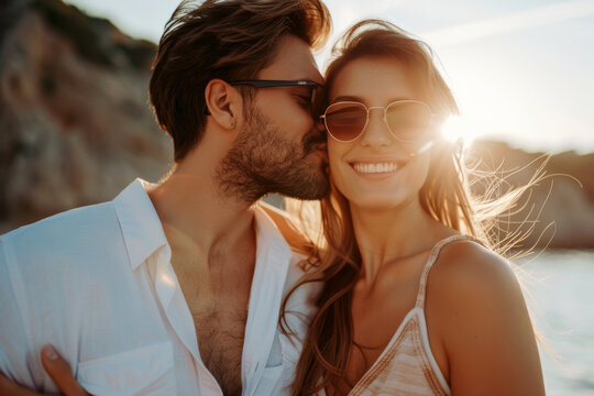 Happy of couple in vacation time showing lovely moment, young couple enjoying moment of holiday.