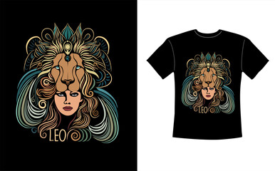 T-shirt design with Leo zodiac sign. Lion Zodiac symbol with beautiful girl hand drawn vector colorful illustration on black background. Astrological contemporary art, magic female character. 