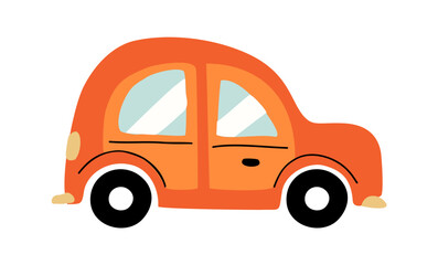 Cartoon orange passenger car. Side view. Doodle Icon, Logo, print template. Cute empty automobile. Kids road transportation vehicle. Hand drawn trendy Vector illustration on transparent background.