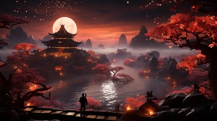 Foto op Canvas an aerial view showing eerie red lights and trees in front of the wetlands, in the style of colorful animation stills, aerial view, travel, heian period,  joyful celebration of nature © Smilego