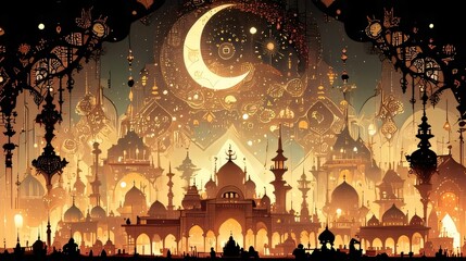 Illustration of silhouettes of mosques and minarets on a bright orange background. Mosque as a place of prayer for Muslims. - obrazy, fototapety, plakaty