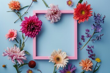 Colorful blooming flowers placed around empty pink photo frame against pastel light blue background.