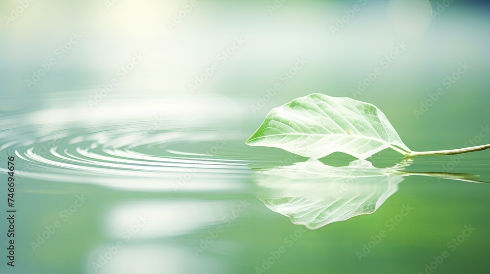 Poster white transparent leaf on mirror surface with reflection on green background macro. abstract artisti
