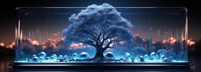 an android tablet with a digital business and trees on it, in the style of mechanized abstraction, dark blue and light aquamarine, human-canvas integration, dynamic motion, blueprint, abstraction - obrazy, fototapety, plakaty