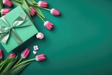 A vibrant green backdrop with a gift box, pink tulips, and delicate heart accents. Valentine's Gift and Pink Tulips on Green