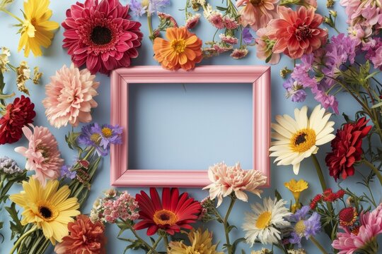 Colorful blooming flowers placed around empty pink photo frame against pastel light blue background.