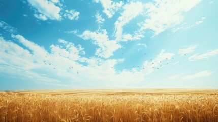 Wheat field against a blue sky, capturing the golden crops of harvest season in a rural landscape.