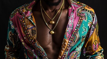 colored silk shirts with intricate patterns or bold prints. These shirts are often unbuttoned halfway, revealing his chest and gold chains, adding to his machismo and ostentatious cool persona.