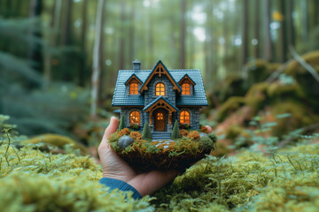 Palm's Refuge A Miniature House Finds Shelter in the Hand Amidst the Forest