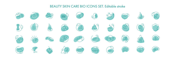 Beauty skin care bio icon pack set for patch, cream, mask cosmetic and beauty product, medical clinic, web, packaging. Vector stock illustration isolated on white background. Editable stroke.