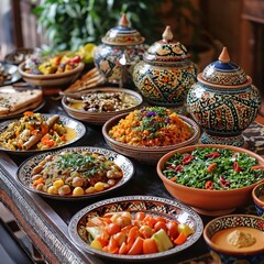 A view of colorful food in bowls. At the end of Ramadan. Ramadan as a time of fasting and prayer for Muslims.