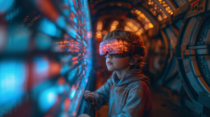 Obraz premium Neon Adventure Child in VR Glasses and Augmented Reality