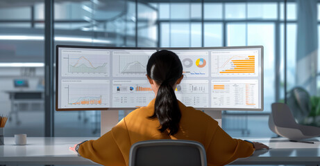 Data Analyst Reviewing Complex Information on Screens. Data analyst focusing on statistical graphs and performance metrics across multiple screens in a corporate office.