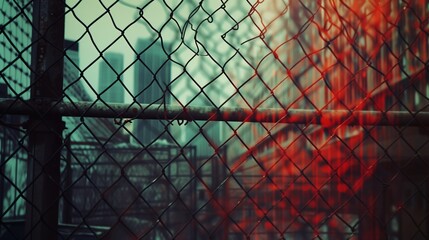Realistic outdoor color photograph of a cityscape seen through a chain link fence, grey cloudy skies, bokeh. From the series “Arcs Circles Grids."