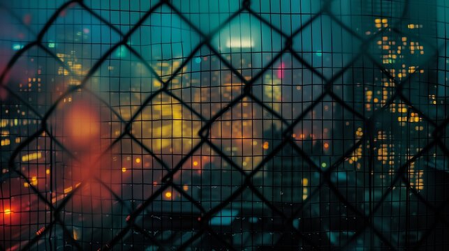 Realistic outdoor nighttime color photograph shot through a chain link fence with distant skyscrapers in the middle distance, bokeh. From the series “Arcs Circles Grids."