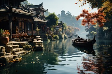 Obraz premium an canal lined with old buildings, in the style of romantic atmosphere, villagecore