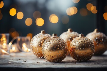 an christmas background with gold baubles with snow, in the style of light installations, light-focused - obrazy, fototapety, plakaty