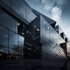 Low-angle bottom-up realistic outdoor photograph of an ultramodern building with a mirrored reflecting façade, dark palette and gray sky. From the series “Abstract Architecture."