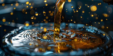 Oil droplets gracefully fall into container in industrial oil refining process. Concept Oil Refining Process, Industrial Environment, Droplet Control, Oil Container, Fluid Dynamics