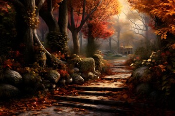 Illustration of a serene forest path with golden leaves
