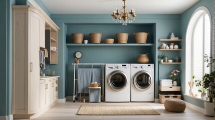  A Beautiful laundry room with a long narrow space, washing machine in the kitchen - obrazy, fototapety, plakaty