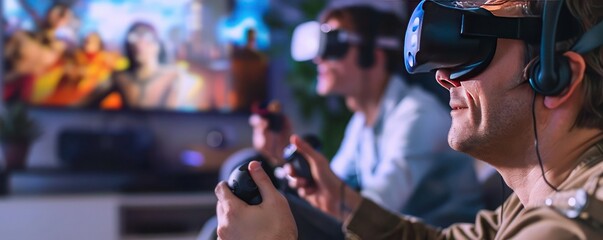 Men Engaged in Virtual Reality Gaming - obrazy, fototapety, plakaty
