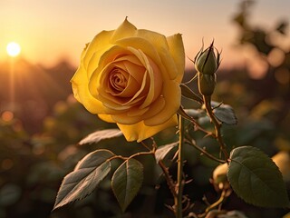 Yellow rose in the garden in the sunset light