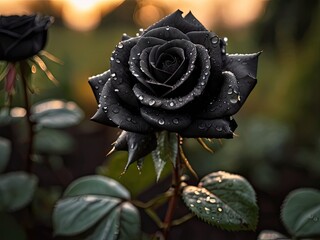 Black rose with raindrops