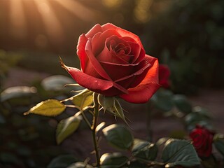 Red rose in the summer garden