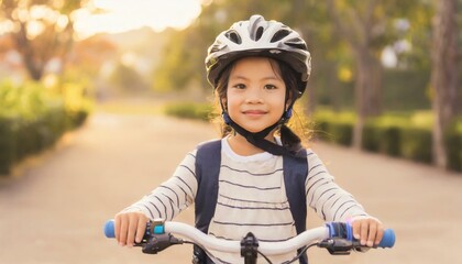 Obraz premium Cute little girl in bicycle helmet having fun by riding bicycle.
