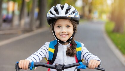 Cute little girl in bicycle helmet having fun by riding bicycle.