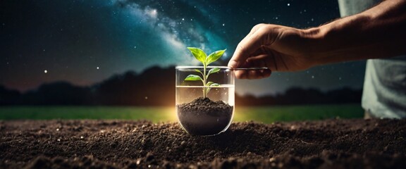 Expert hand of farmer checking soil health before growth a seed of vegetable or plant seedling, Business or ecology concept, In the background is the Milky Way galaxy. Stylish in the style of double