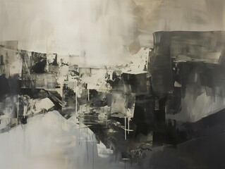 Black-and-white abstract painting of blocky jumbled shapes in subtle shades of gray. From the series “Abstract Noir."