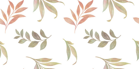 watercolor leaves, abstract seamless botanical pattern on white background, for invitation card design