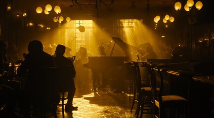 Dark indoor color photograph of a band playing inside a crowded barroom, low lighting, light and shadow, silhouettes. From the series “Interiors..