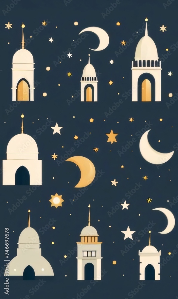 Sticker Mosques, stars, crescents as abstract background, wallpaper, banner, texture design with pattern - vector. Dark colors