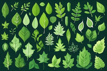 Leaves icon vector set isolated on white background. Various shapes of green leaves of trees and plants