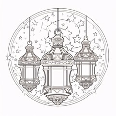 Black and white coloring sheet, hanging lanterns. Ramadan as a time of fasting and prayer for Muslims.