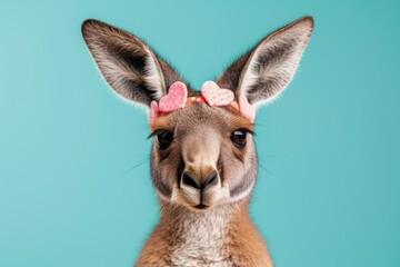 Fototapeta premium The symbol of Australia is the kangaroo. Cute animal. Rest. Homely Australian comfort. Plaid. funny kangaroo with bow turquoise background. Animal portrait