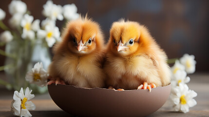 Two cute yellow newborn chicks in shell close-up view
