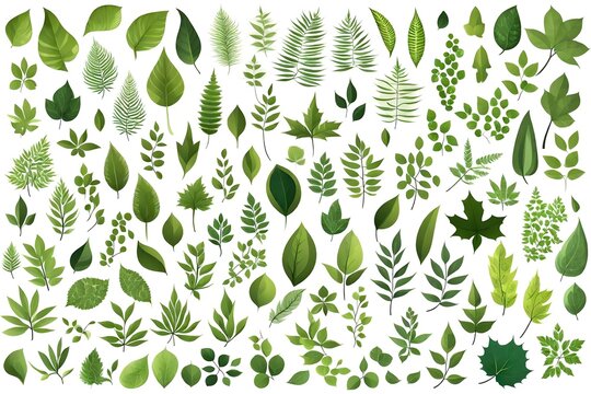 Leaves icon vector set isolated on white background. Various shapes of green leaves of trees and plants