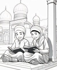 Black and white coloring page, young children holding and reading a book of the Quran. Ramadan as a time of fasting and prayer for Muslims.