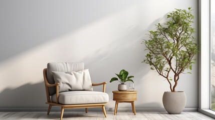 Living room interior with windows armchair, coffee table and houseplant