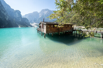 Turquoise lake Braies in the heart of the Dolomites, Italy