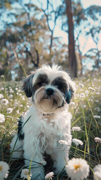 Photo of a small, beautiful and cute white and black shih tzu dog posing in a cute pose in , photography, spring scenery of Sydney, Australia, at noon