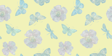 seamless pattern with butterflies and flowers, watercolor hand drawn illustration