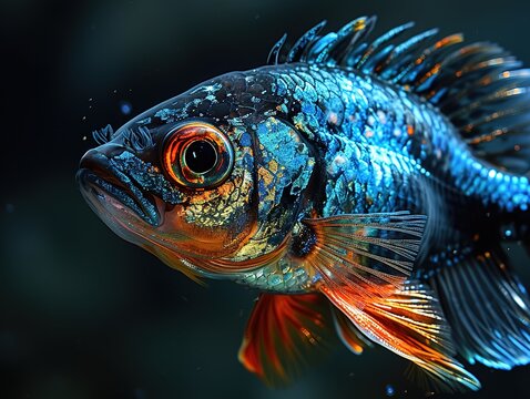an exotic fish with a black background, bubble goth, mandy disher, liquid metal, inventive character designs, quantum wavetracing, fluid