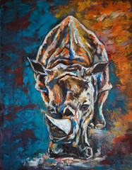 Red futuristic rhino. Modern expressionist handmade acrylic painting