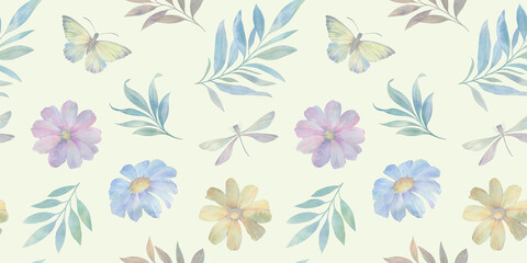 abstract butterfly and dragonfly background, delicate drawn flowers, seamless pattern, watercolor painting illustration, luxury wallpaper, premium modern design