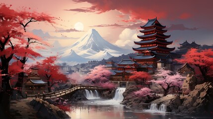 an image in front of cherry blossoms with mount, in the style of elaborate facades, mountainous vistas, enchanting realms, detailed world-building - obrazy, fototapety, plakaty